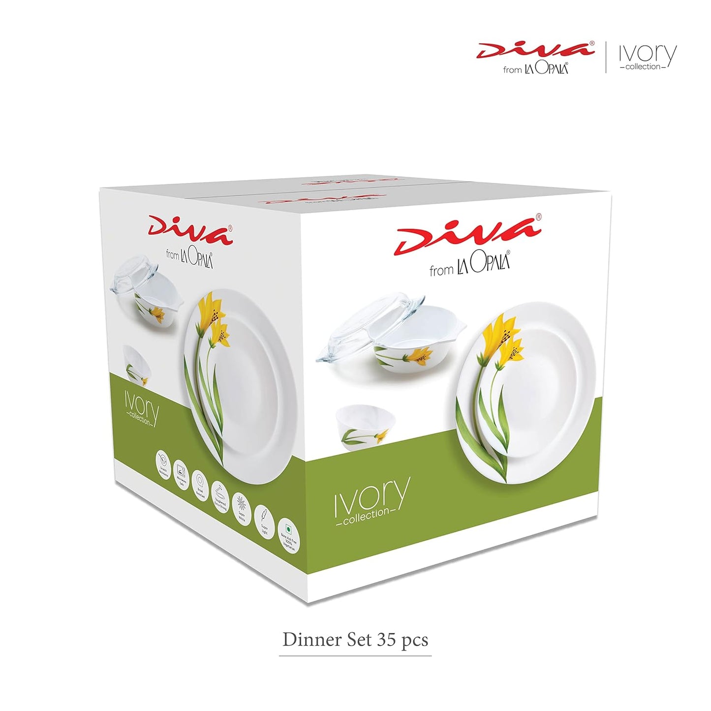 La Opala Diva, Ivory Collection, Opal Glass Dinner Set 35 pcs, Golden Fall, White