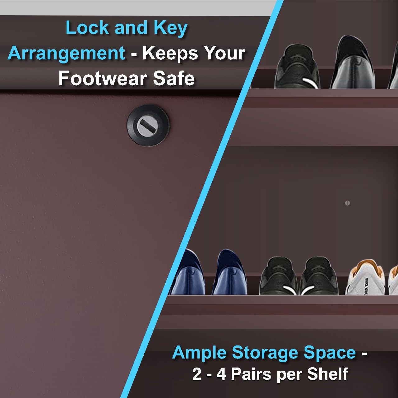 3 Tier Metal Shoe Rack for Home with Doors & Lock | Wall Mount Shoe Cabinet for Home | Space Saving Shoe Organizer Stand for Shoes, Chappals & Sandals. 21 Inch Wide (Brown)