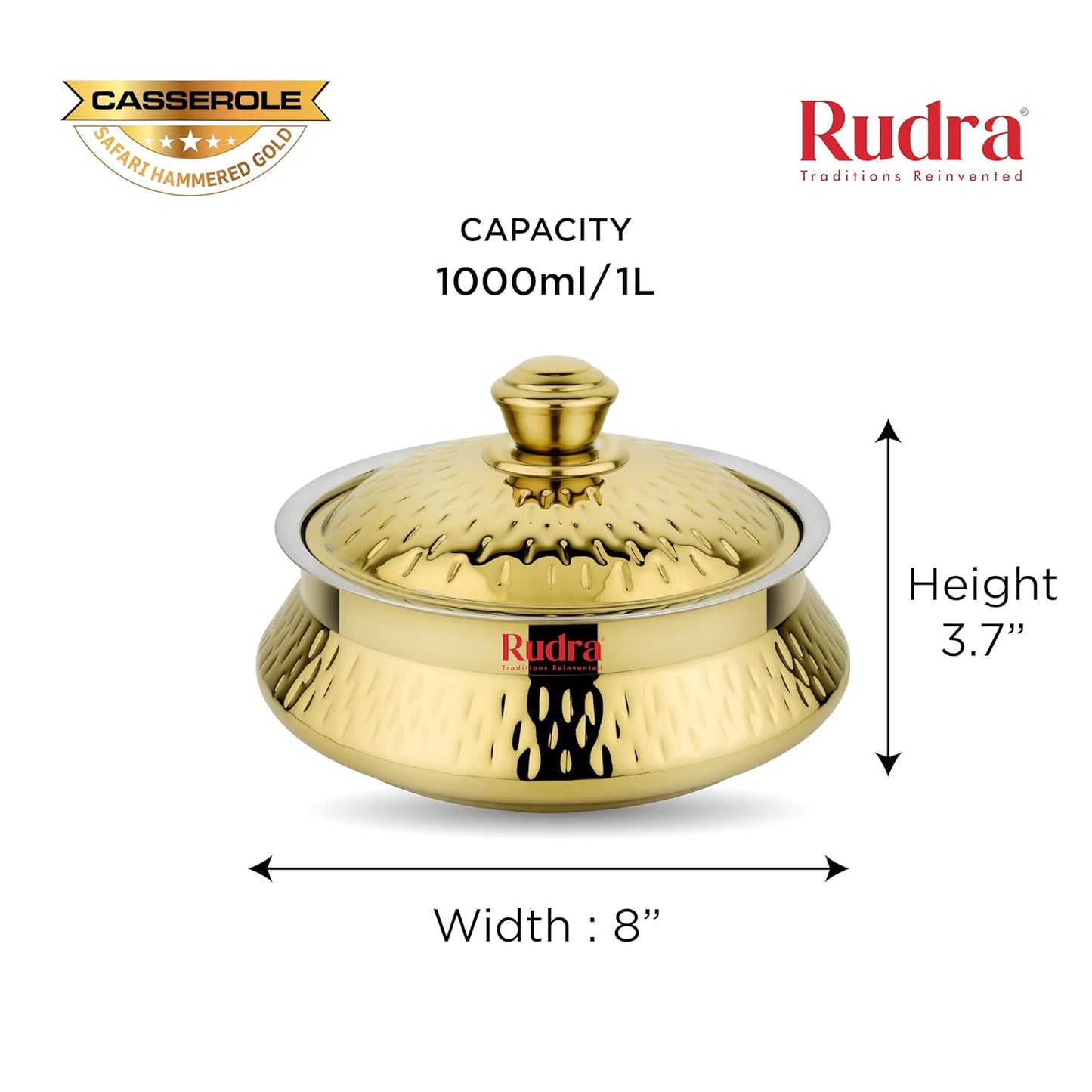 Rudra Safari Hammered Gold Double Walled Stainless Steel Casserole, | PU Insulated | Hot & Cold | Hygiene | Odourless|Easy to Carry| (1 Litre)