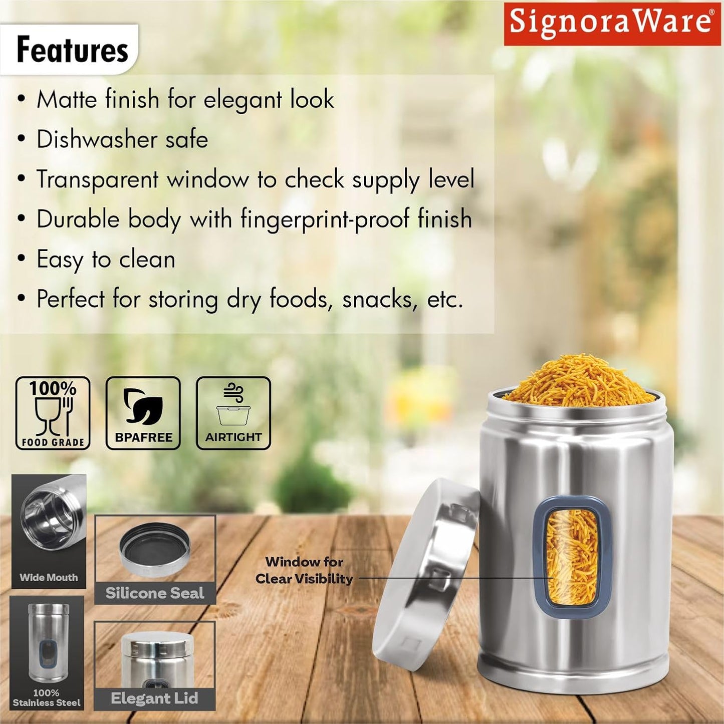 Signoraware 2000ML Modular Stainless Steel Deluxe Window Round Container | Airtight & Leakproof | Durable | Kitchen & Pantry Storage | Space Saving | Ideal for Dry Fruits & Snacks Storage (Steel)