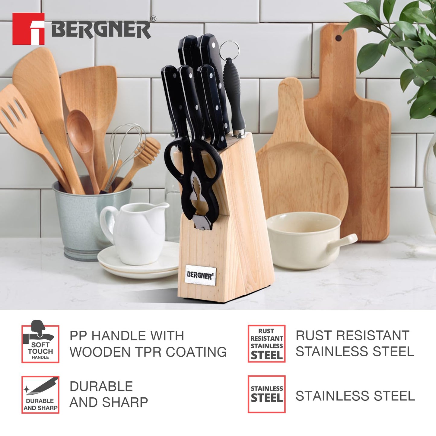 BERGNER Shark Stainless Steel 8 Pcs Knife Set - Chef Knife, Bread Knife, Boning Knife, Utility Knife, Paring Knife, Sharpener, Scissor and Wooden Block, Durable and Sharp Blade, Soft Touch Handle