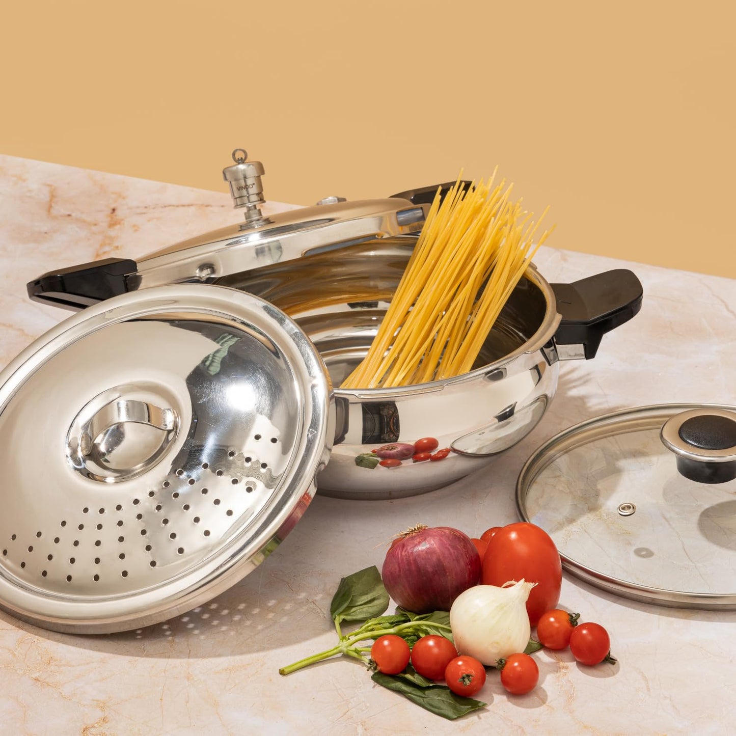 Vinod Magic Stainless Steel 3-in-1 Pressure Cooker, 5.5 L | 5 mm Thick Base with Strainer & Glass Lid | Multi-Purpose Cooker for Rice & Curries | ISI Certified | Induction & Gas Base | 2 Yr Warranty