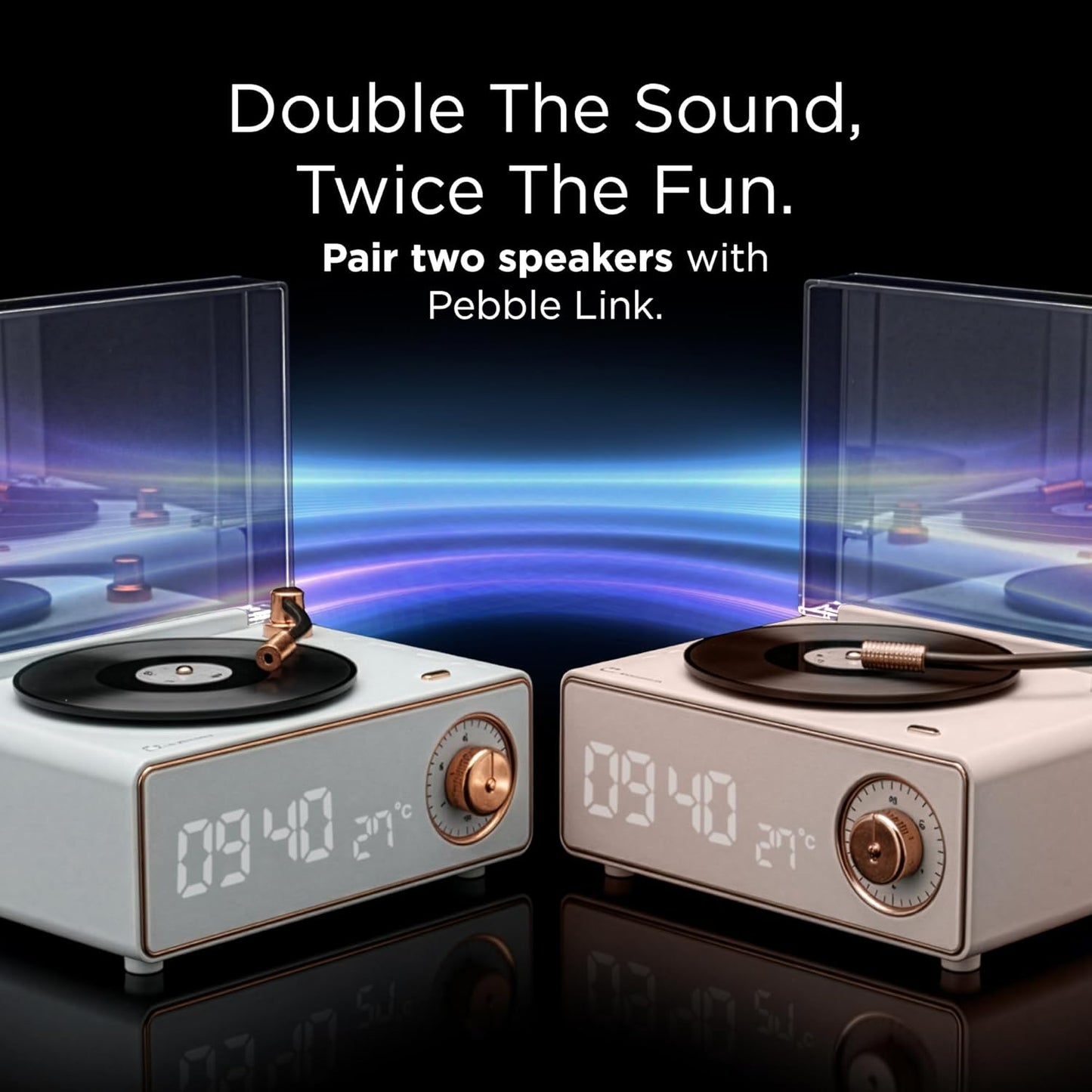 Pebble Newly Launched Disc Retro Bluetooth Speaker with Clock | Rotating Disk LP Design| 8W Sound | 1200mAh Battery | TypeC Charging | Premium Build - Blue