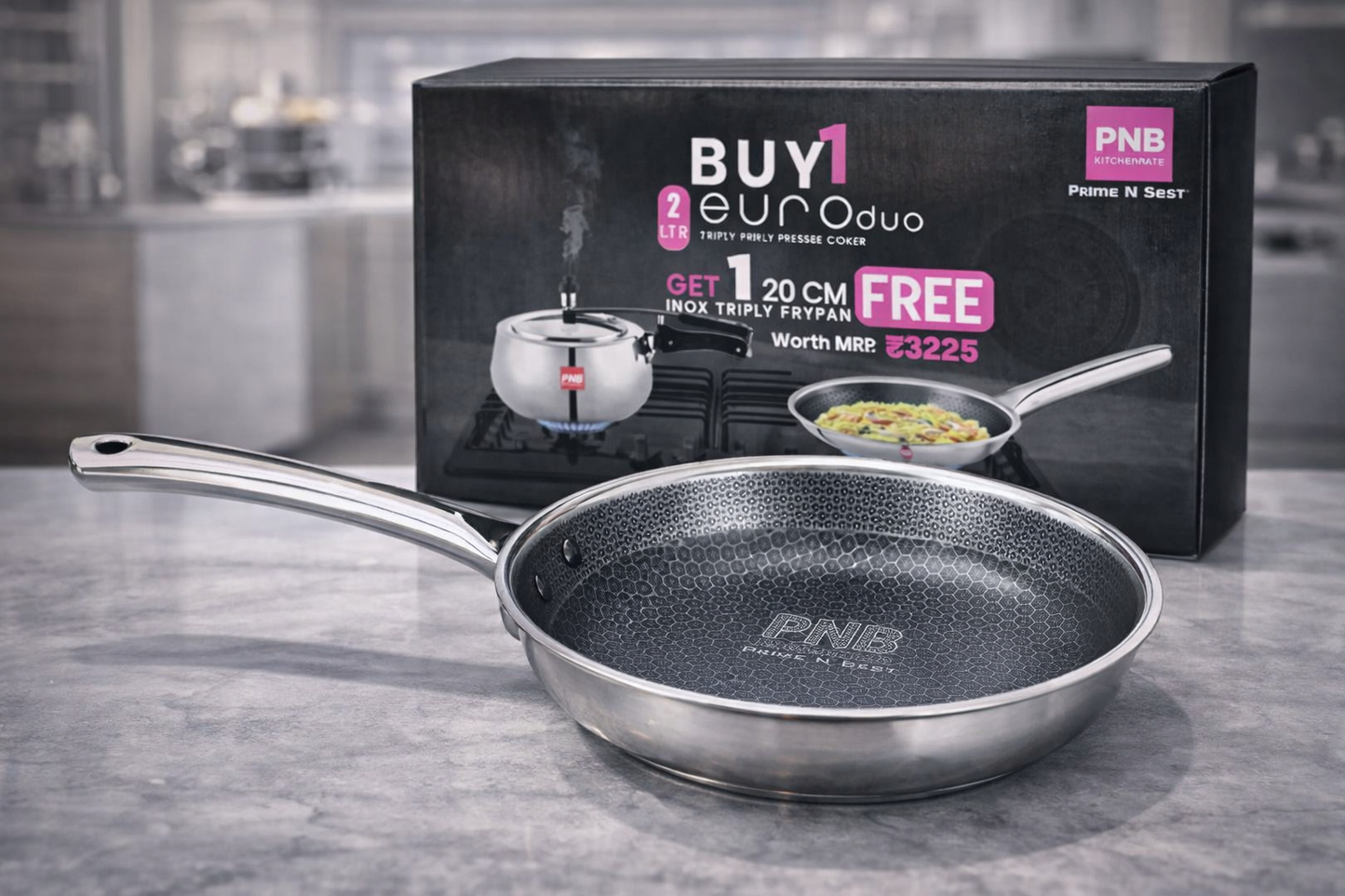 PNB Kitchenmate 2 Litre Triply Pressure Cooker with FREE 20 cm Honeycomb Triply Fry Pan | Stainless Steel Cooker Combo for Gas Stove