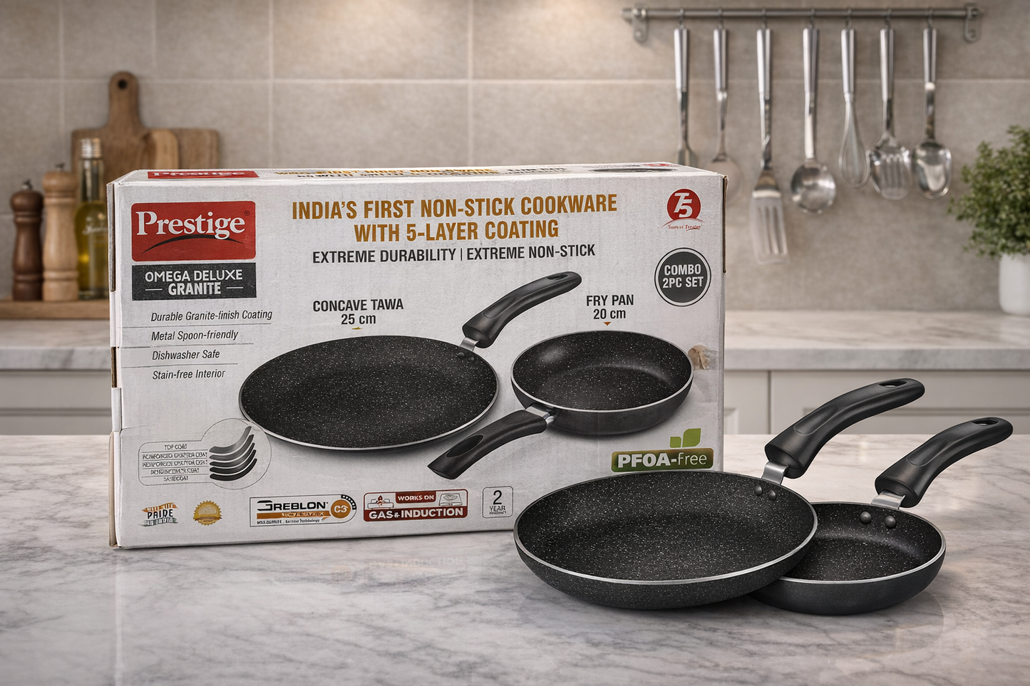 Prestige Aluminium Omega Deluxe Granite Non-Stick Cookware Combo Pack of 2-Concave Tawa 25cm, Fry Pan 20cm|Gas & Induction Compatible|Black