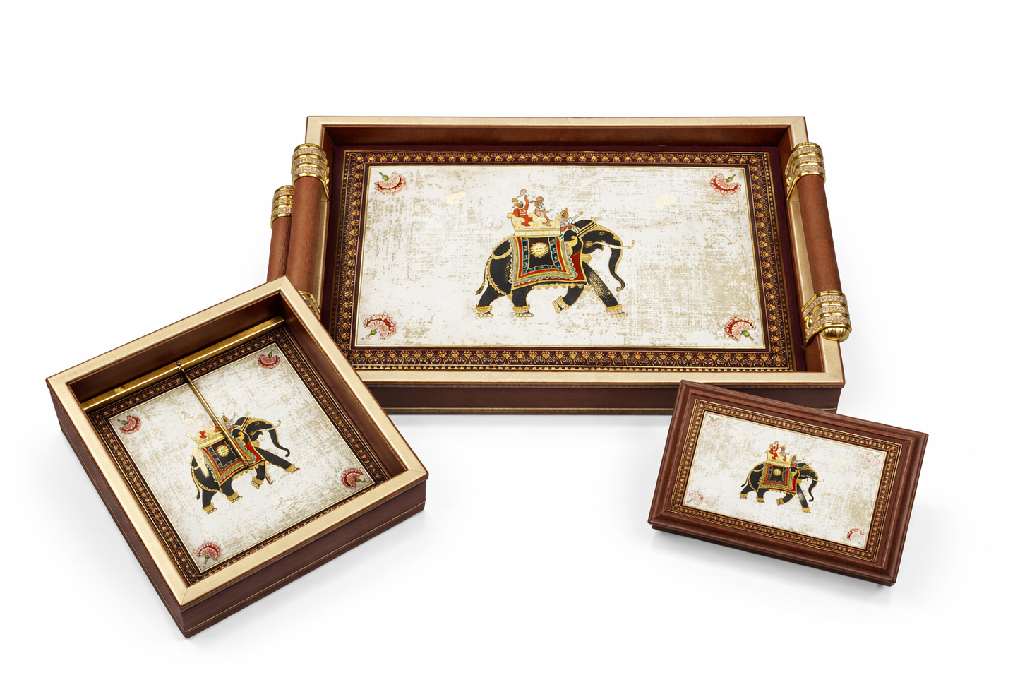 Luxury 4-Piece Wooden Leather Tray Set | Includes Cutlery Holder, Tissue Holder & 2 Trays | Enamel Coated Waterproof (Copy)