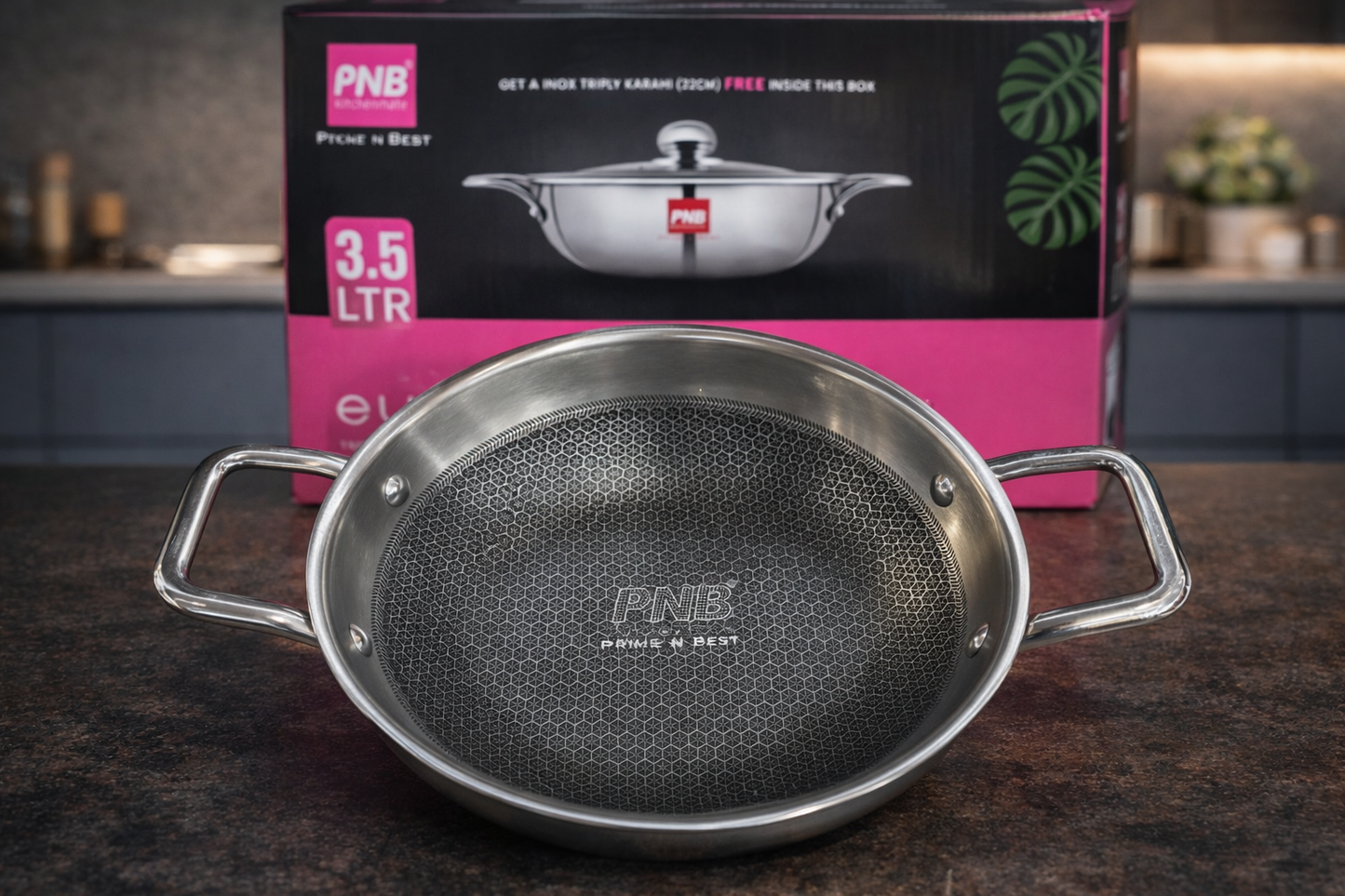 PNB Kitchenmate Euro Duo 3.5 Litre Triply Stainless Steel Pressure Cooker with Free 22 cm Triply Honeycomb Coated Kadhai | Induction & Gas Compatible | Premium Cookware Combo
