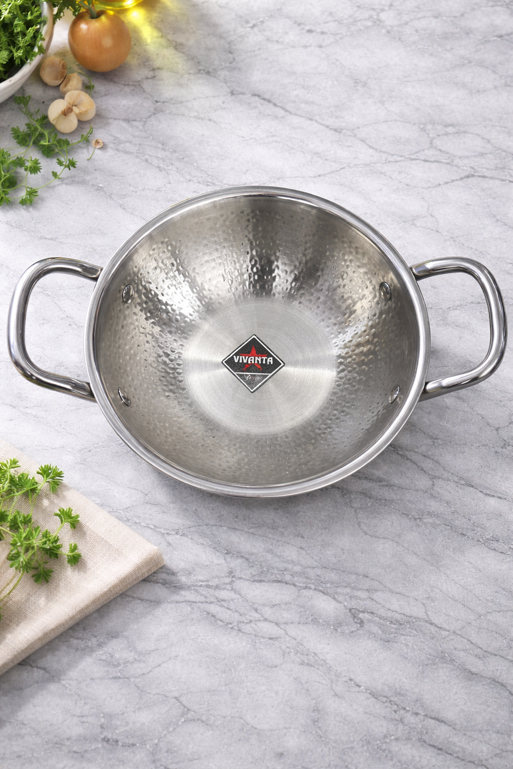 Vivanta 24cm Triply Stainless Steel Kadhai (3.2 Litre) with Glass Lid | Hammered Finish | Induction & Gas Compatible | Heavy Bottom Cookware