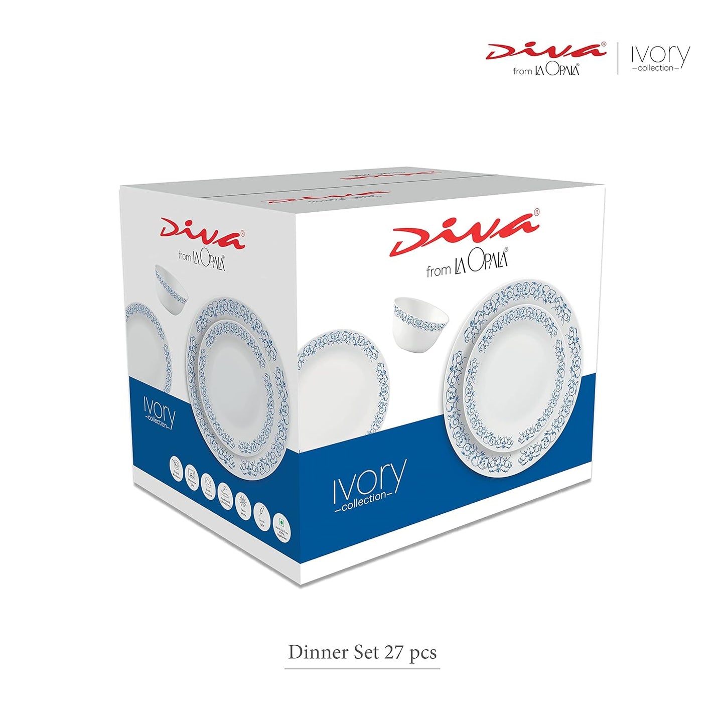 La Opala Diva, Ivory Collection, Opal Glass Dinner Set 27 pcs, Grace Blue, White