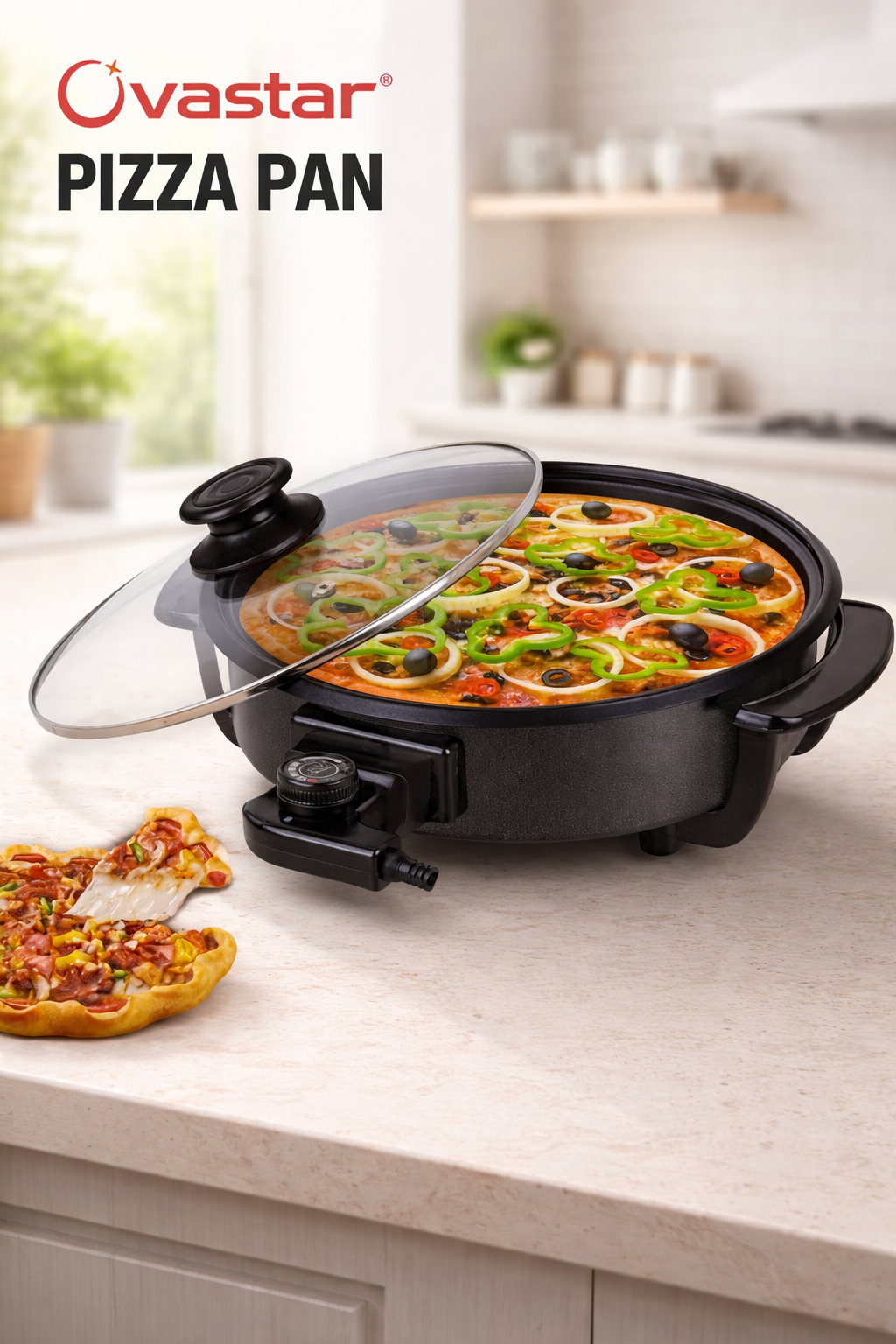 Ovastar Electric Pizza Pan OWPP-1608 | 1500W Non-Stick Multipurpose Cooking Pan with Glass Lid & Temperature Control | Ideal for Pizza, Omelette, Frying & More