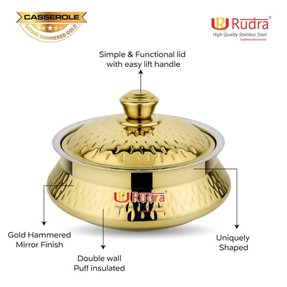 Rudra Safari Hammered Gold Double Walled Stainless Steel Casserole, | PU Insulated | Hot & Cold | Hygiene | Odourless|Easy to Carry|(4 Litres)
