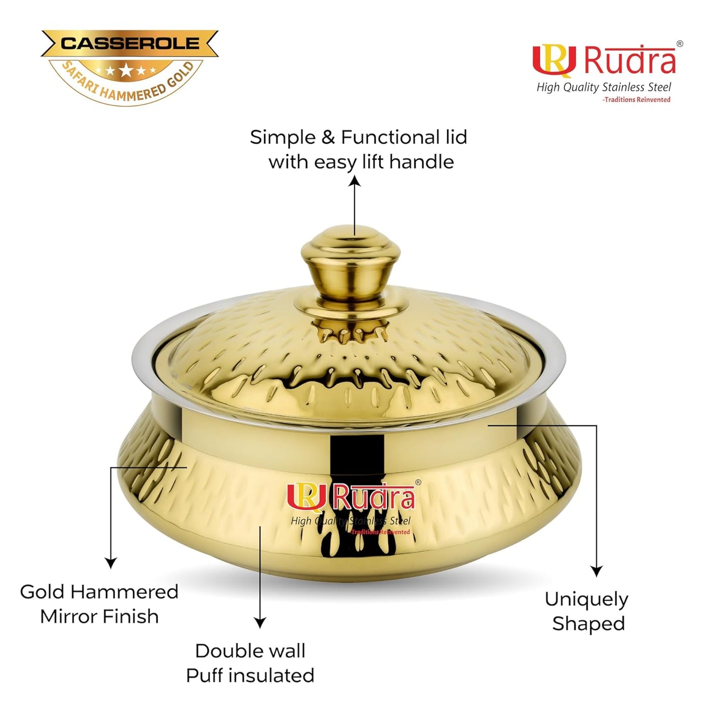 Rudra Safari Hammered Gold Double Walled Stainless Steel Casserole, | PU Insulated | Hot & Cold | Hygiene | Odourless|Easy to Carry| (1.5 Litres)