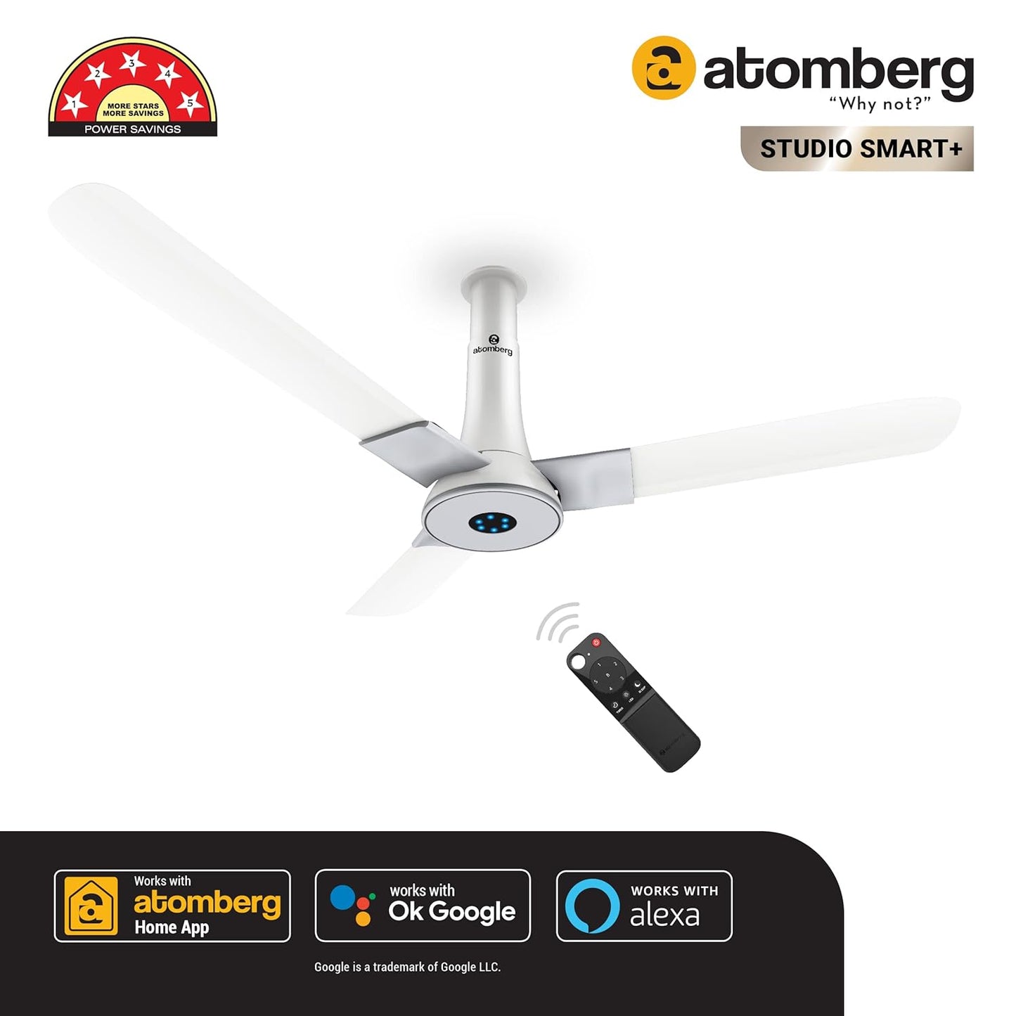 Atomberg Studio Smart+ 1200mm BLDC Ceiling Fan with IoT & Remote | BEE 5 star Rated Energy Efficient Ceiling Fan | High Air Delivery with LED Indicators | 2+1 Year Warranty (Marble White)