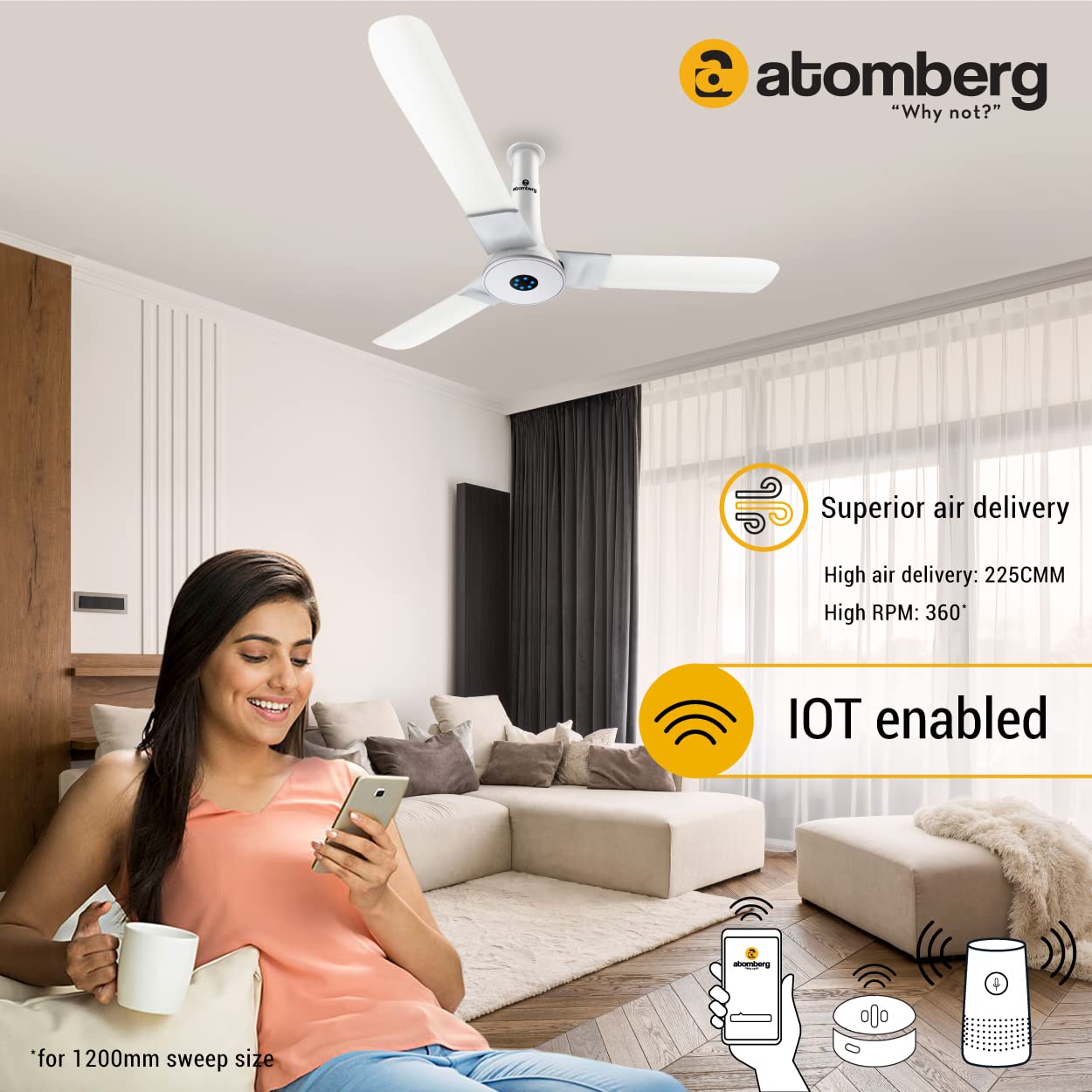 Atomberg Studio Smart+ 1200mm BLDC Ceiling Fan with IoT & Remote | BEE 5 star Rated Energy Efficient Ceiling Fan | High Air Delivery with LED Indicators | 2+1 Year Warranty (Marble White)