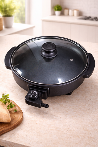 Ovastar Electric Pizza Pan OWPP-1608 | 1500W Non-Stick Multipurpose Cooking Pan with Glass Lid & Temperature Control | Ideal for Pizza, Omelette, Frying & More