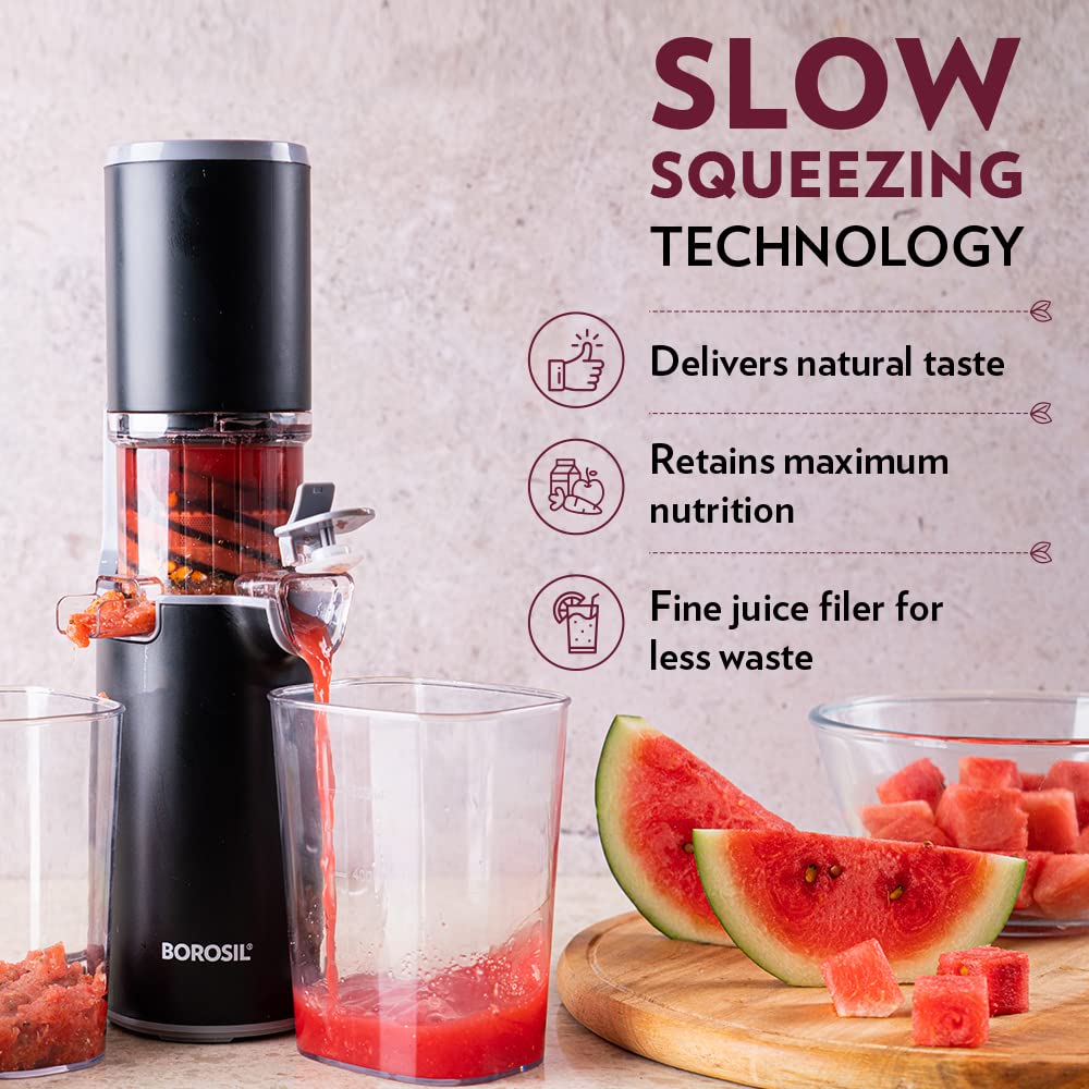 Borosil 130W Easy Cold Press Slow Juicer | Compact Design Portable Less Oxidation, Anti Drip Outlet Lid | Fruit & Vegetable Juicer | 1 Year Warranty | Black