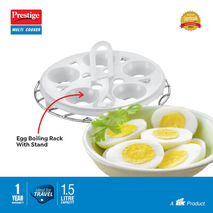 Prestige 1.5L PMC 3.0 Plus Multi Kettle/Multi Cooker|Comes with Idli stand, egg boiling rack & Steamer| Glass Lid with Stainless Steel rim|Temperature Control |Power Indicator (Silver, Black)