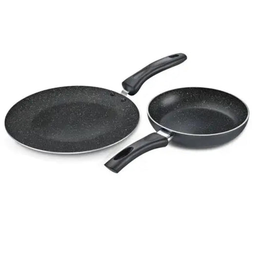 Prestige Aluminium Omega Deluxe Granite Non-Stick Cookware Combo Pack of 2-Concave Tawa 25cm, Fry Pan 20cm|Gas & Induction Compatible|Black