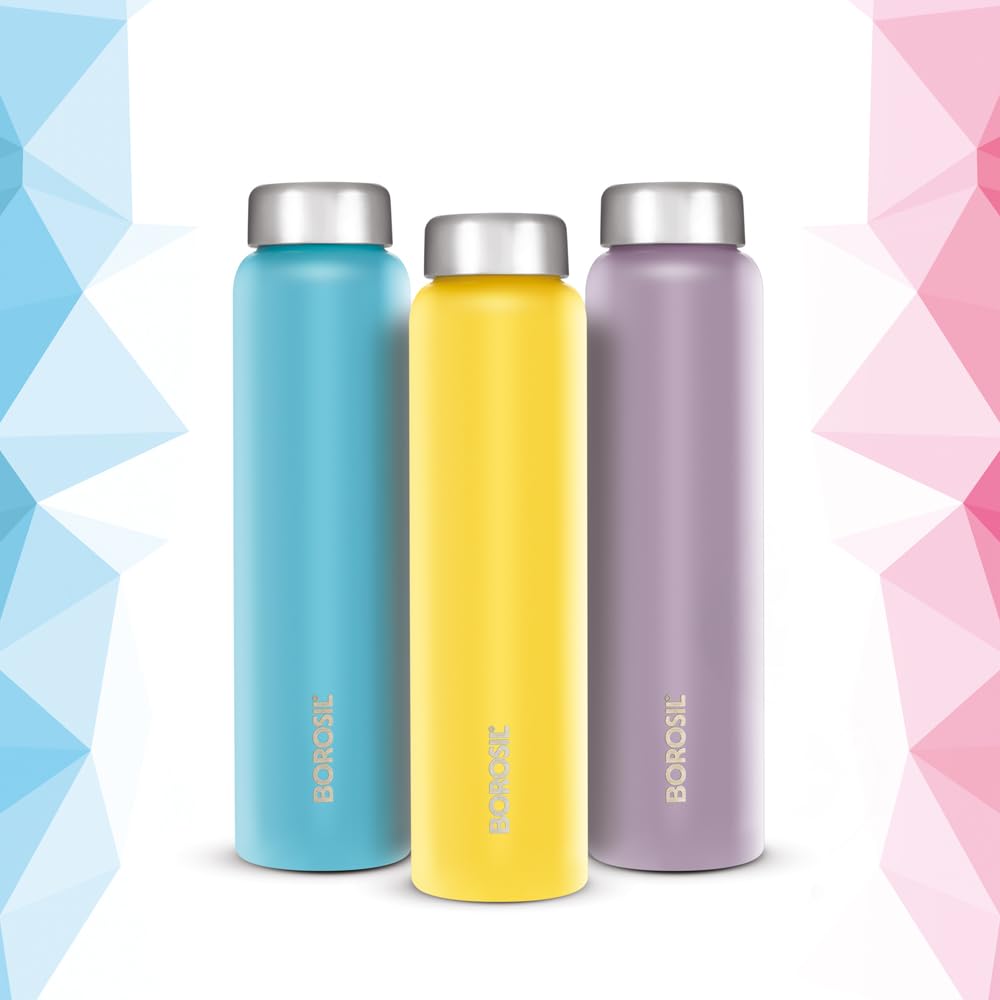 Borosil 1L Apex 3pc Stainless Steel Made in India Water Bottle Set | Leak-Proof, Odour-Free, Powder Coated Bottles | Fridge Safe | Blue, Yellow, Lavender | 1 Year Warranty