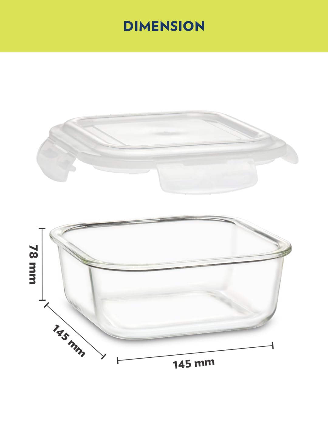 Borosil Klip N Store Glass Storage Container For Kitchen With Air-Tight Lid, Microwave & Oven Safe, Square, 520 ml, Clear