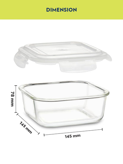 Borosil Klip N Store Glass Storage Container For Kitchen With Air-Tight Lid, Microwave & Oven Safe, Square, 520 ml, Clear