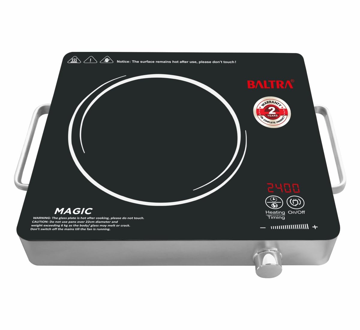 BALTRA Magic 2400 W Infrared Induction Cooktop with Free Stainless Steel Grill for barbecue | Auto Shut Off & Overheat Protection Multi Power Level Function, Digital Display (Black, Touch Control)