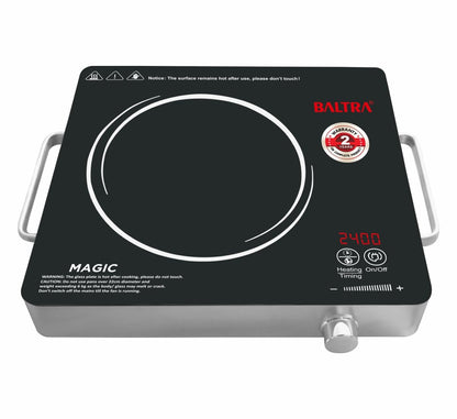 BALTRA Magic 2400 W Infrared Induction Cooktop with Free Stainless Steel Grill for barbecue | Auto Shut Off & Overheat Protection Multi Power Level Function, Digital Display (Black, Touch Control)