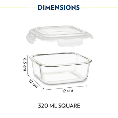 Borosil Pro Borosilicate Glass Lunchbox with Bag | 2 pc Square Container Set (320 ml Each) | Microwave & Dishwasher Safe, Leakproof | Tiffin for Office, School, College | Transparent, Vertical
