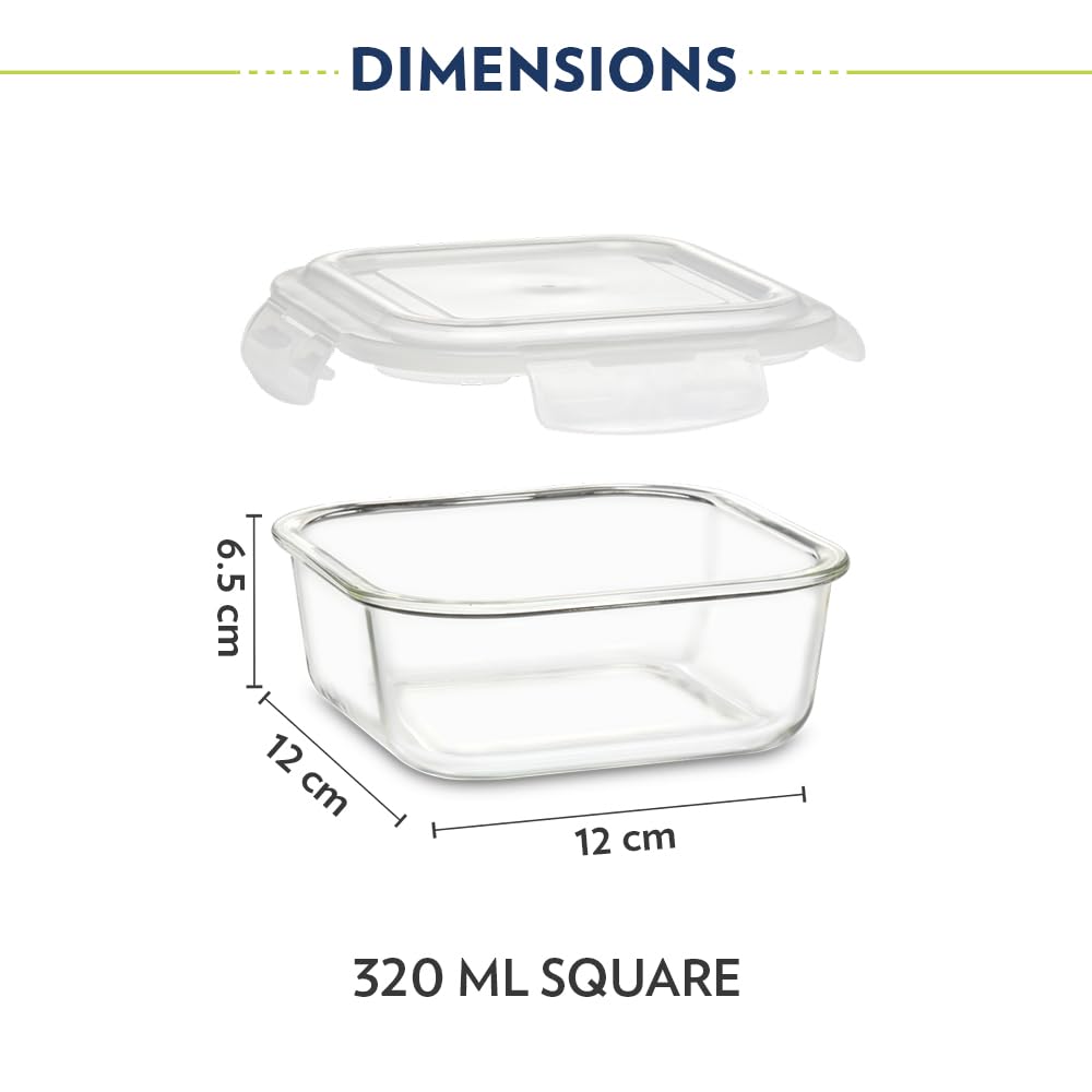 Borosil Pro Borosilicate Glass Lunchbox with Bag | 2 pc Square Container Set (320 ml Each) | Microwave & Dishwasher Safe, Leakproof | Tiffin for Office, School, College | Transparent, Horizontal