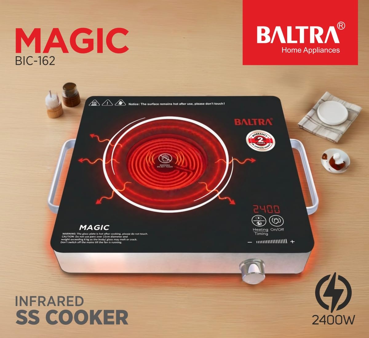 BALTRA Magic 2400 W Infrared Induction Cooktop with Free Stainless Steel Grill for barbecue | Auto Shut Off & Overheat Protection Multi Power Level Function, Digital Display (Black, Touch Control)