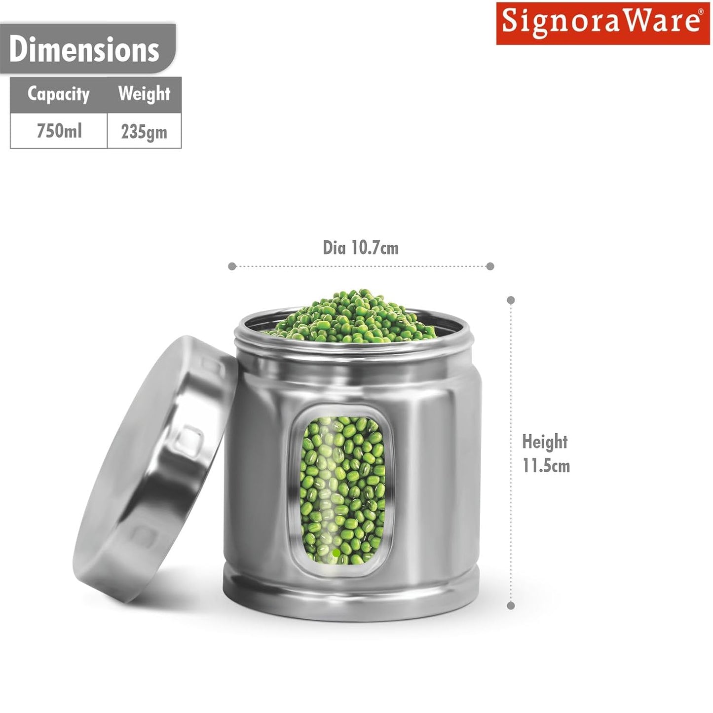 Signoraware 750ml Modular Stainless Steel Deluxe Window Round Container | Airtight & Leakproof | Durable | Kitchen & Pantry Storage | Space Saving | Ideal for Dry Fruits & Snacks Storage (Steel)