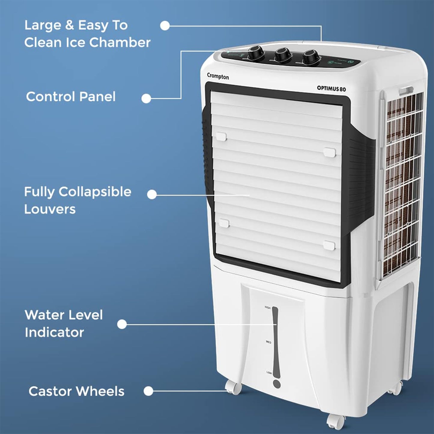 Crompton Optimus Desert Air Cooler 80L| High density honeycomb| Auto fill| Water Level indicator| Fully collapsible Louvers| 4 way Air deflection| Humidity control| Cooling mode & Auto Swing