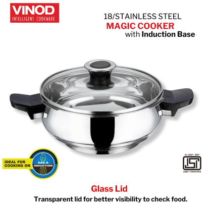 Vinod Magic Stainless Steel 3-in-1 Pressure Cooker, 5.5 L | 5 mm Thick Base with Strainer & Glass Lid | Multi-Purpose Cooker for Rice & Curries | ISI Certified | Induction & Gas Base | 2 Yr Warranty