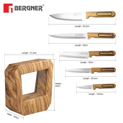 BERGNER Olive Garden Stainless Steel 6 Pcs Knife Set - Kitchen Knife Set of Chef Knife, Santoku Knife, Slicer Knife, Utility Knife, Paring Knife with Wooden Knife Block, Durable, Soft Touch Handle