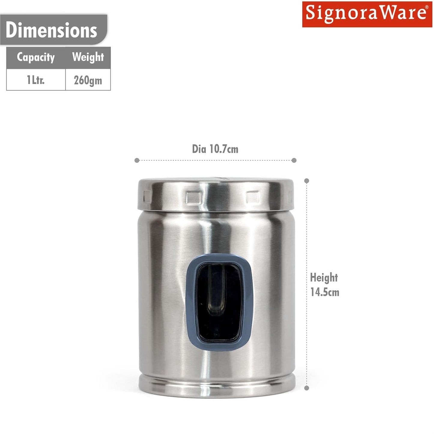 Signoraware 1 Ltr Modular Stainless Steel Deluxe Window Round Container | Airtight & Leakproof | Durable | Kitchen & Pantry Storage | Space Saving | Ideal for Dry Fruits & Snacks Storage (Steel)