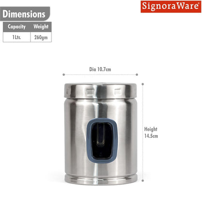 Signoraware 1 Ltr Modular Stainless Steel Deluxe Window Round Container | Airtight & Leakproof | Durable | Kitchen & Pantry Storage | Space Saving | Ideal for Dry Fruits & Snacks Storage (Steel)