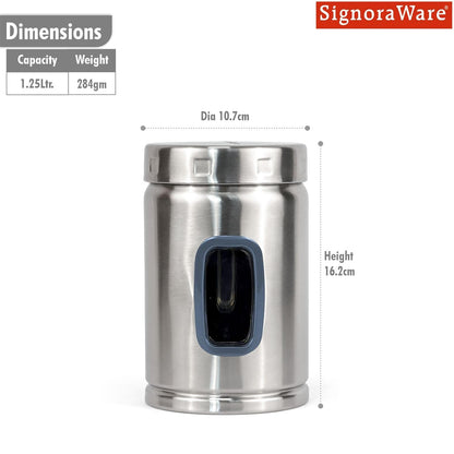 Signoraware 1250ML Modular Stainless Steel Deluxe Window Round Container | Airtight & Leakproof | Durable | Kitchen & Pantry Storage | Space Saving | Ideal for Dry Fruits & Snacks Storage (Steel)