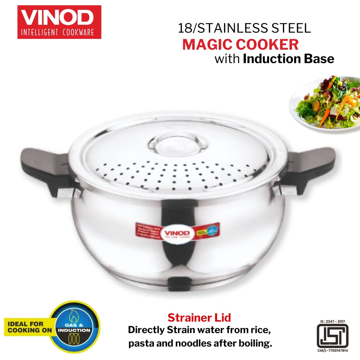Vinod Magic Stainless Steel 3-in-1 Pressure Cooker, 5.5 L | 5 mm Thick Base with Strainer & Glass Lid | Multi-Purpose Cooker for Rice & Curries | ISI Certified | Induction & Gas Base | 2 Yr Warranty