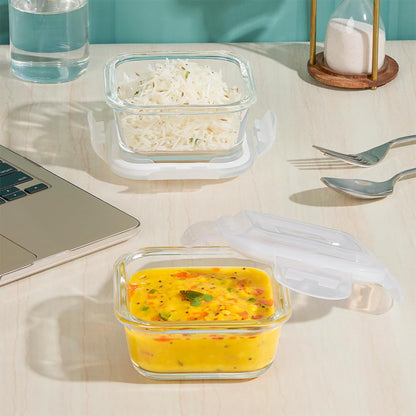 Borosil Pro Borosilicate Glass Lunchbox with Bag | 2 pc Square Container Set (320 ml Each) | Microwave & Dishwasher Safe, Leakproof | Tiffin for Office, School, College | Transparent, Horizontal