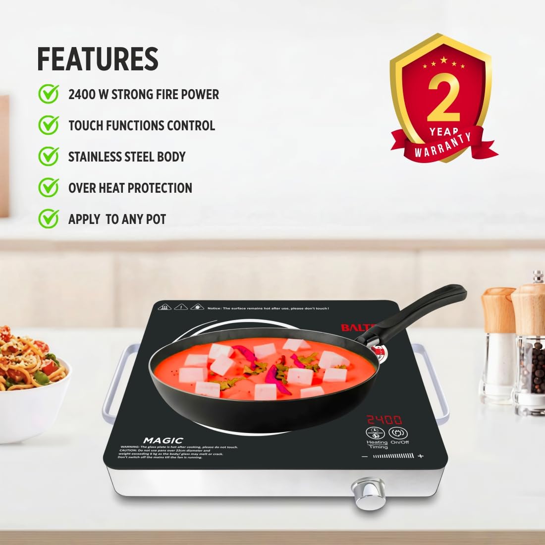 BALTRA Magic 2400 W Infrared Induction Cooktop with Free Stainless Steel Grill for barbecue | Auto Shut Off & Overheat Protection Multi Power Level Function, Digital Display (Black, Touch Control)