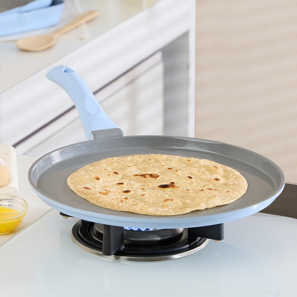 Borosil Ceramic Vajra 28 cm Flat Tawa | Gas Stove & Induction Compatible, Dishwasher Safe | PFOA and PFAS Free Tava | 1 Year Warranty, Sky Blue