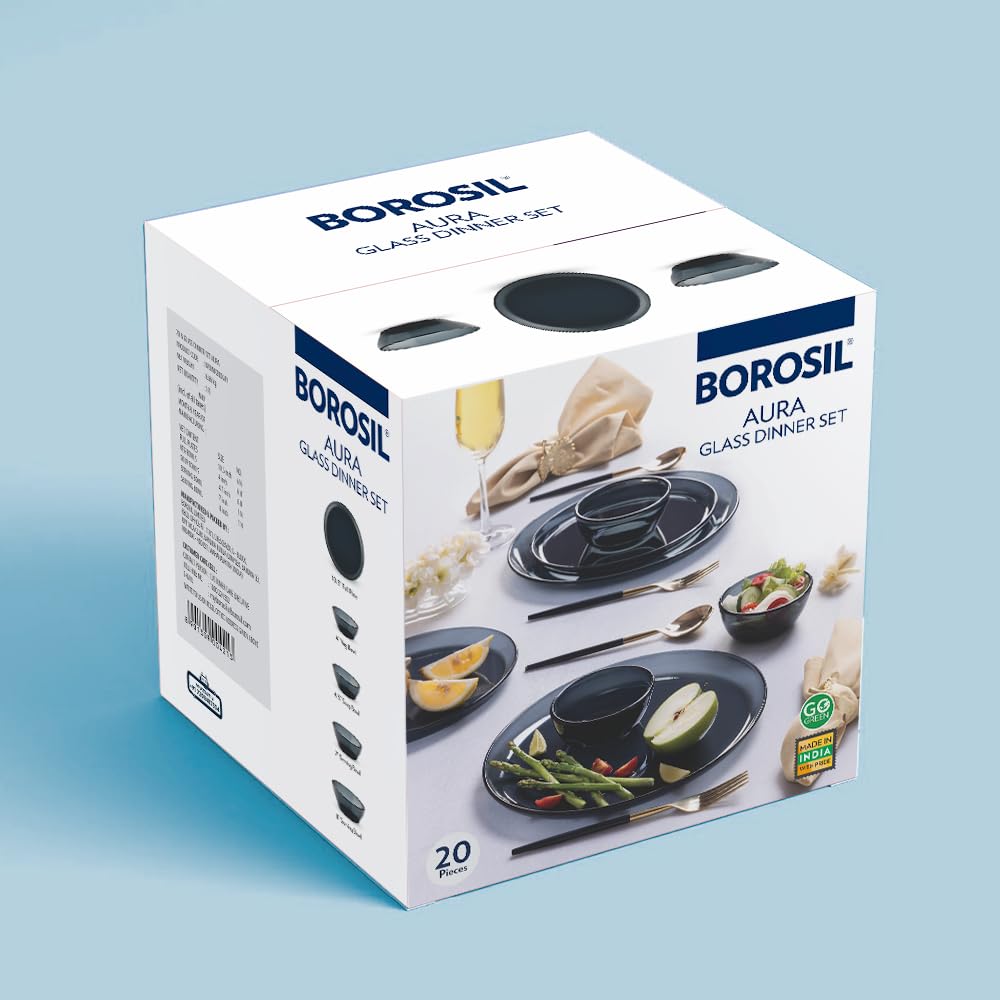 Borosil 20pc Aura India’s First Coloured Handcrafted Dinner Set | Made in India Borosilicate Glass Tableware | Microwave, Dishwasher & Oven Safe | Crockery for Gifting & Dining (Black)