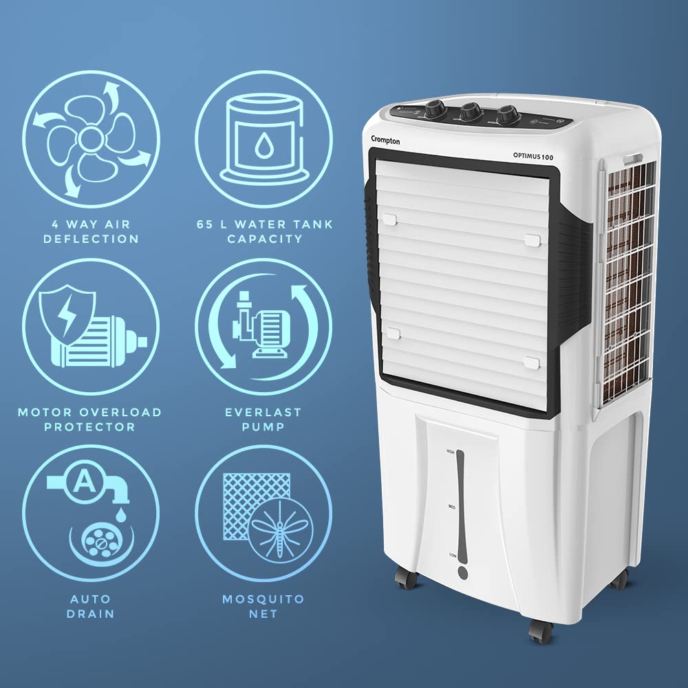 Crompton Optimus 100 Litres Desert Air Cooler for home | Large & Easy Clean Ice Chamber | High Density Honeycomb Pads | Auto-Fill & Drain | Everlast Pump | Humidity Control