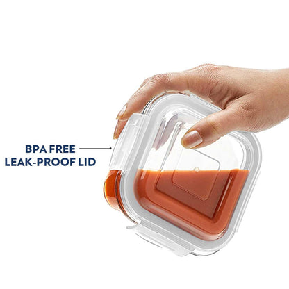 Borosil Klip N Store Glass Storage Container For Kitchen With Air-Tight Lid, Microwave & Oven Safe, Square, 520 ml, Clear