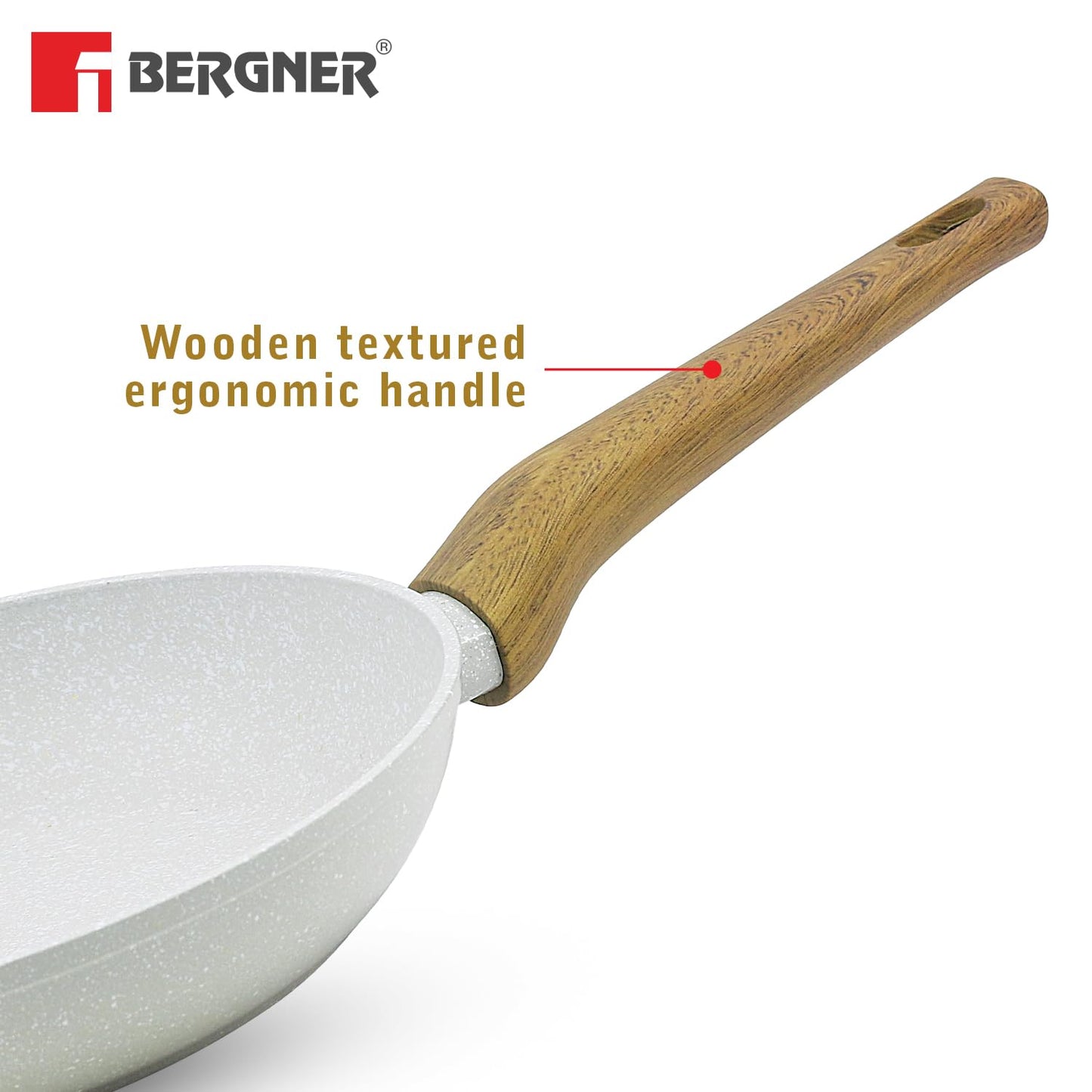 Bergner Naturally Forged Aluminum 24cm Frypan, Marble Non-Stick Coating, Less Oil Use, Scratch Resistant Frying Pan, Durable, Soft Touch Handle, Easy to Clean - Induction Bottom, Free Non-Woven Trivet