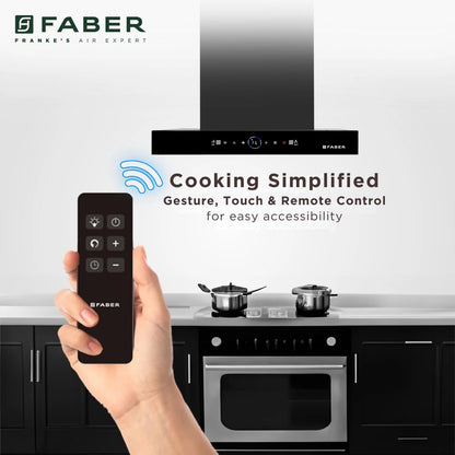 Faber 90 cm 1500 m³/hr Autoclean Kitchen Chimney (HOOD DAZZLE BLDC FL HC BK 90, Filterless technology, Touch & Gesture with Remote control, Black) (Copy)