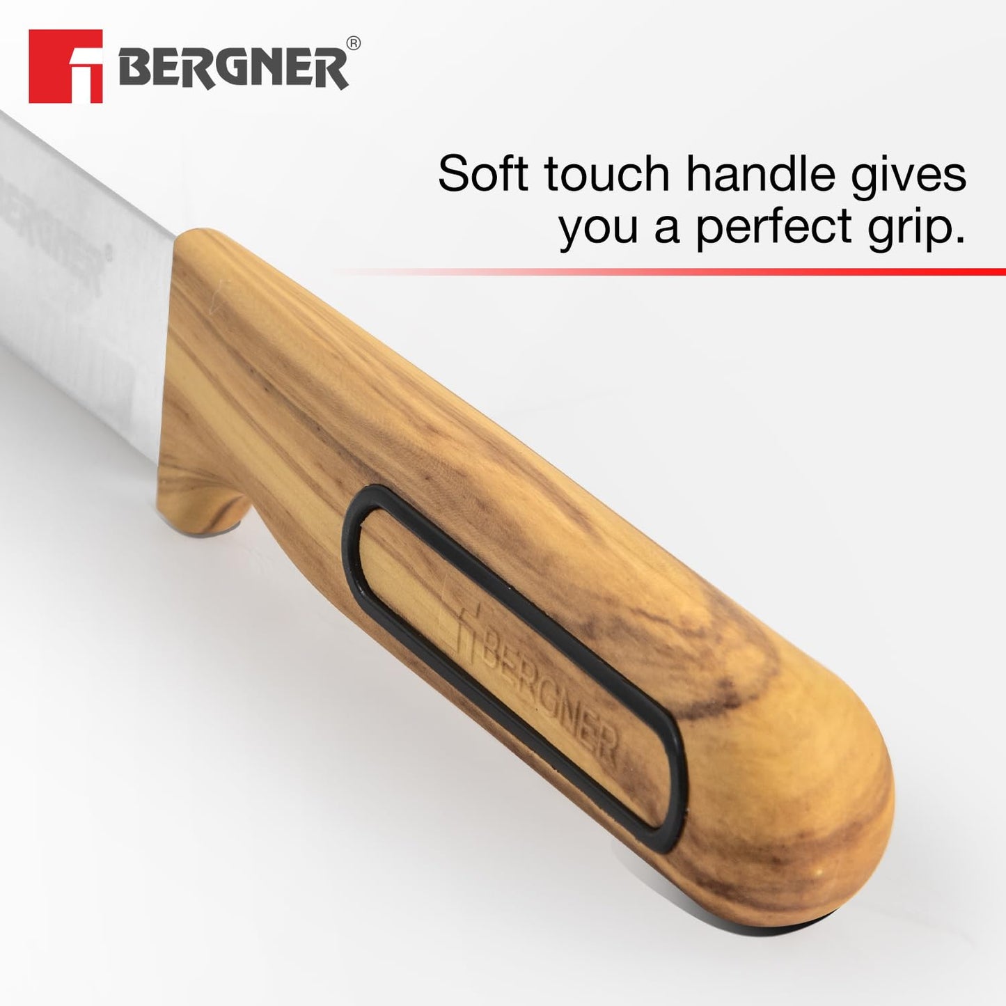 BERGNER Olive Garden Stainless Steel 6 Pcs Knife Set - Kitchen Knife Set of Chef Knife, Santoku Knife, Slicer Knife, Utility Knife, Paring Knife with Wooden Knife Block, Durable, Soft Touch Handle