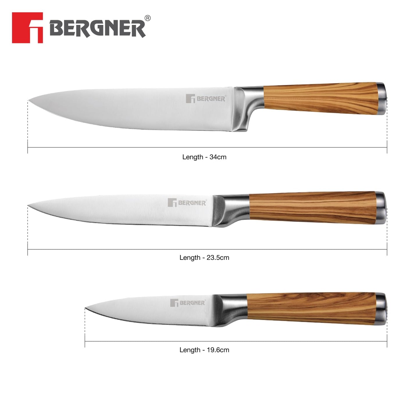 BERGNER Olive Garden Stainless Steel 3 Pcs Knife Set, Kitchen Knife Set of 20cm, 12.5cm and 8.75cm, Durable, Rust Resistant, Soft Touch Wooden Coated Handle, Ideal for Cutting, Dicing, Slicing etc
