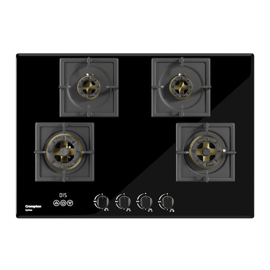 Crompton Optime 90 cm 4 Burners Built-in Glass HOB with Digital Timer, Full Brass Burners & 3D Flame Technology (HOB-OPFB905TI-MBL, Midnight Black)