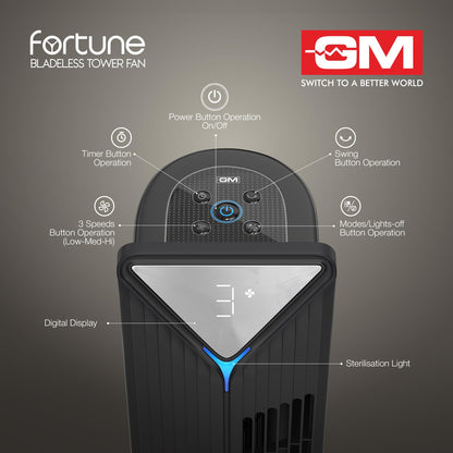 GM Fortune Bladeless Tower Fan with Air Purifier | Super Silent Operation | 90° Horizontal Oscillation | 3 Speed Modes | Up to 8 Hours Timer | Remote for Easy Access | Stylish, Compact Design - Black